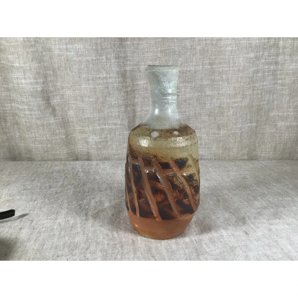 Studio Pottery Vase Good Vintage Love Inscribed Rustic Brown Cream Stoneware 7